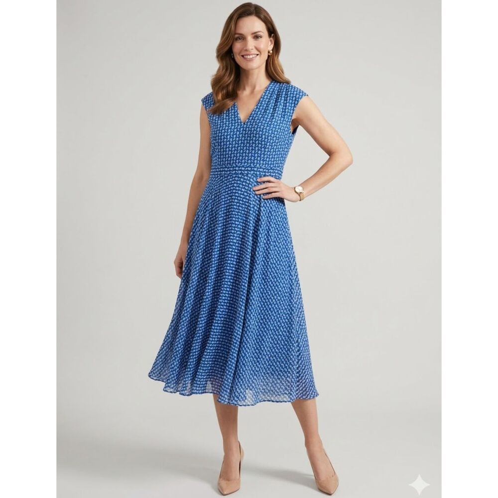 Blue V-Neck Cap Sleeve Midi Dress